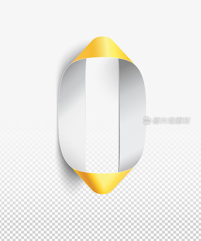 Narrow strip of double sided paper painted on gold and silver curved into a round shape of 0 number - 3D realistic element isolated on white background with realistic light and soft shadows